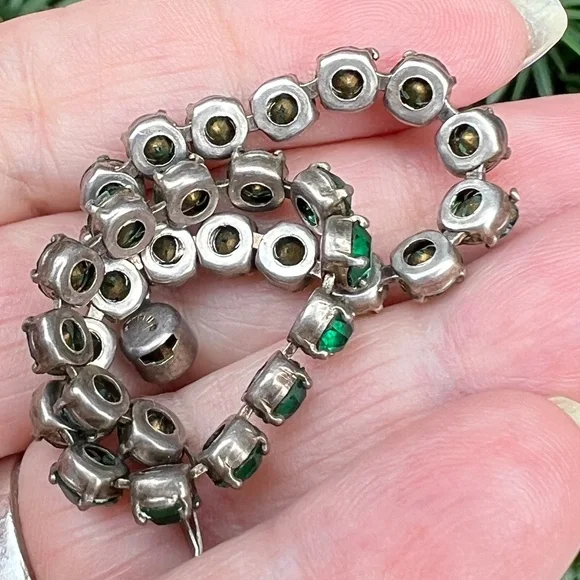VINTAGE ART DECO STERLING SILVER EMERALD GREEN RHINESTONES TENNIS BRACELET